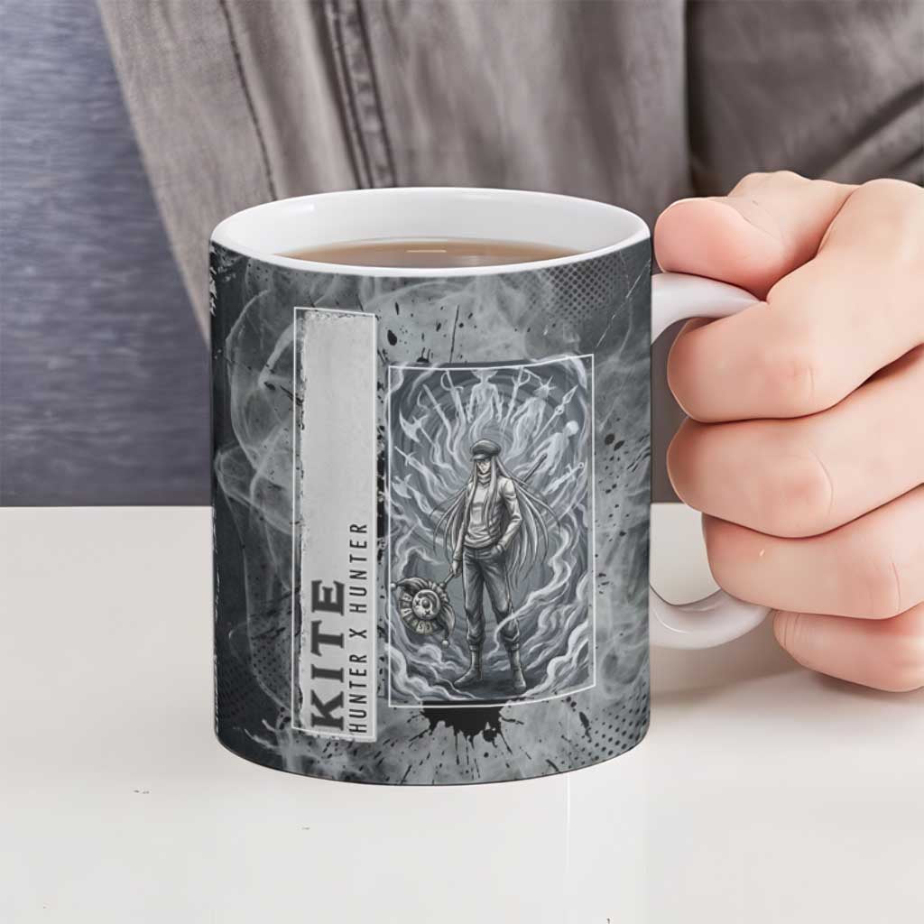 Chrollo Theme Gray Ink Splash Design Ceramic Mug with Cross Weapon and Monochrome Aura Artwork - The Mazicc