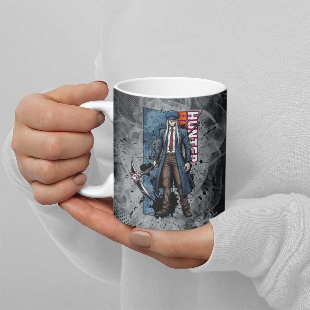 Chrollo Theme Gray Ink Splash Design Ceramic Mug with Cross Weapon and Monochrome Aura Artwork - The Mazicc