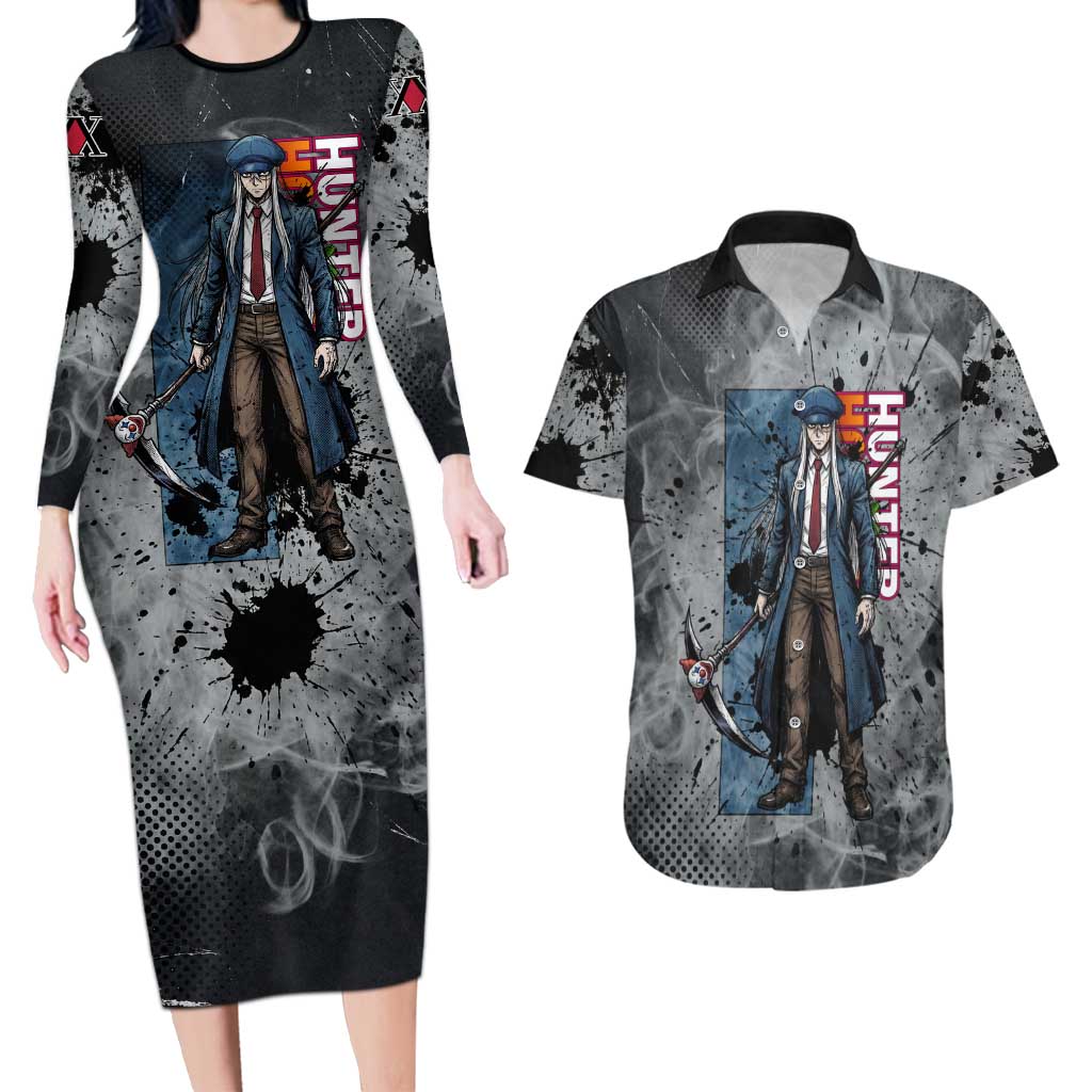 Chrollo Theme Gray Ink Splash Design Couples Matching Long Sleeve Bodycon Dress and Hawaiian Shirt with Cross Weapon and Monochrome Aura Artwork - The Mazicc