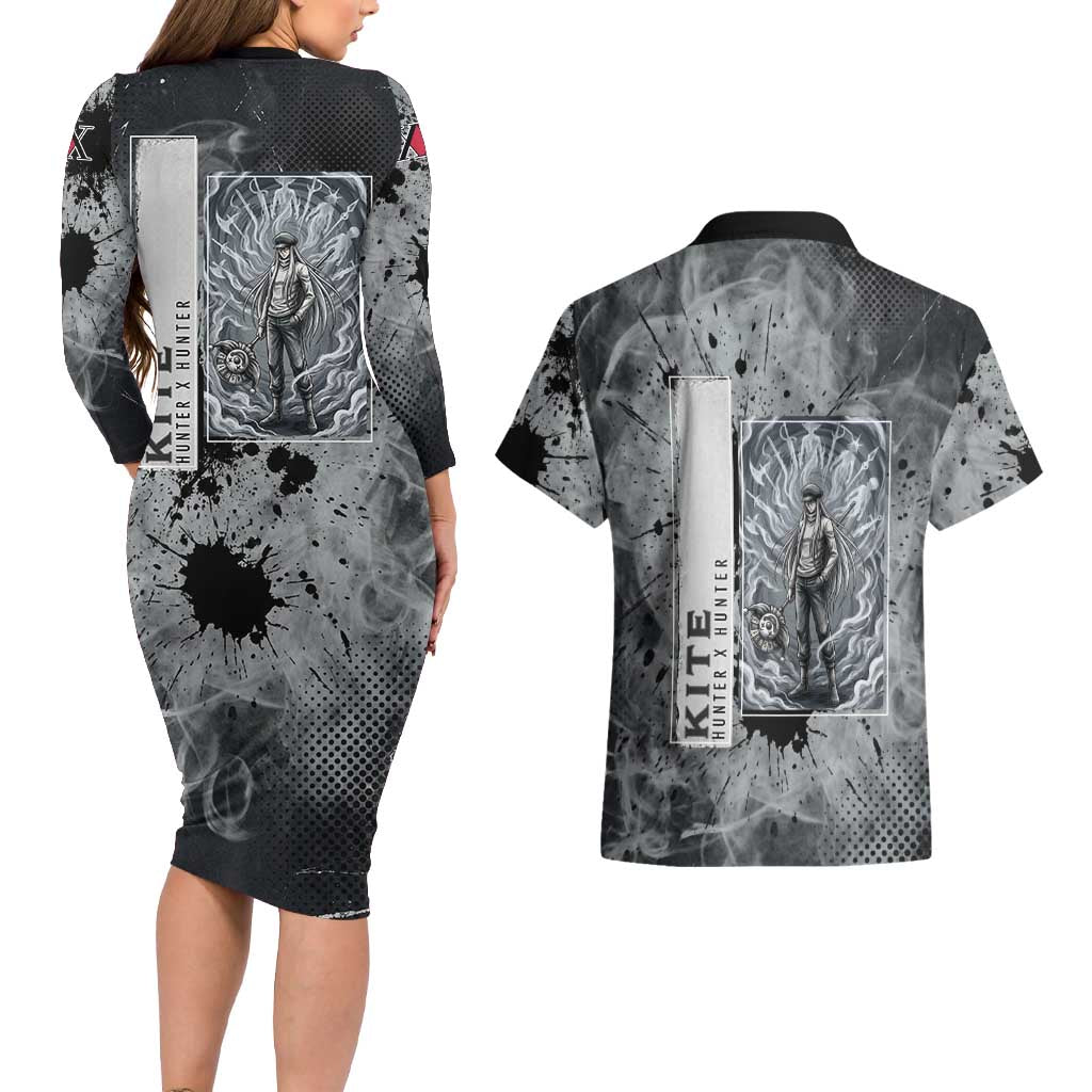 Chrollo Theme Gray Ink Splash Design Couples Matching Long Sleeve Bodycon Dress and Hawaiian Shirt with Cross Weapon and Monochrome Aura Artwork - The Mazicc