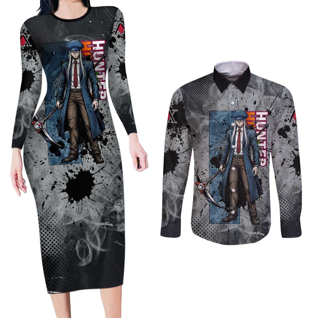 Chrollo Theme Gray Ink Splash Design Couples Matching Long Sleeve Bodycon Dress and Long Sleeve Button Shirt with Cross Weapon and Monochrome Aura Artwork - The Mazicc