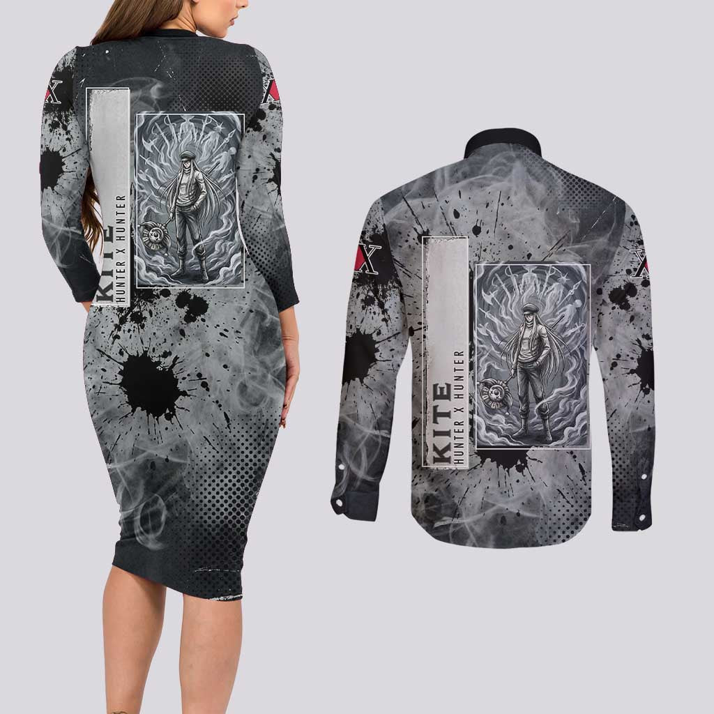 Chrollo Theme Gray Ink Splash Design Couples Matching Long Sleeve Bodycon Dress and Long Sleeve Button Shirt with Cross Weapon and Monochrome Aura Artwork - The Mazicc