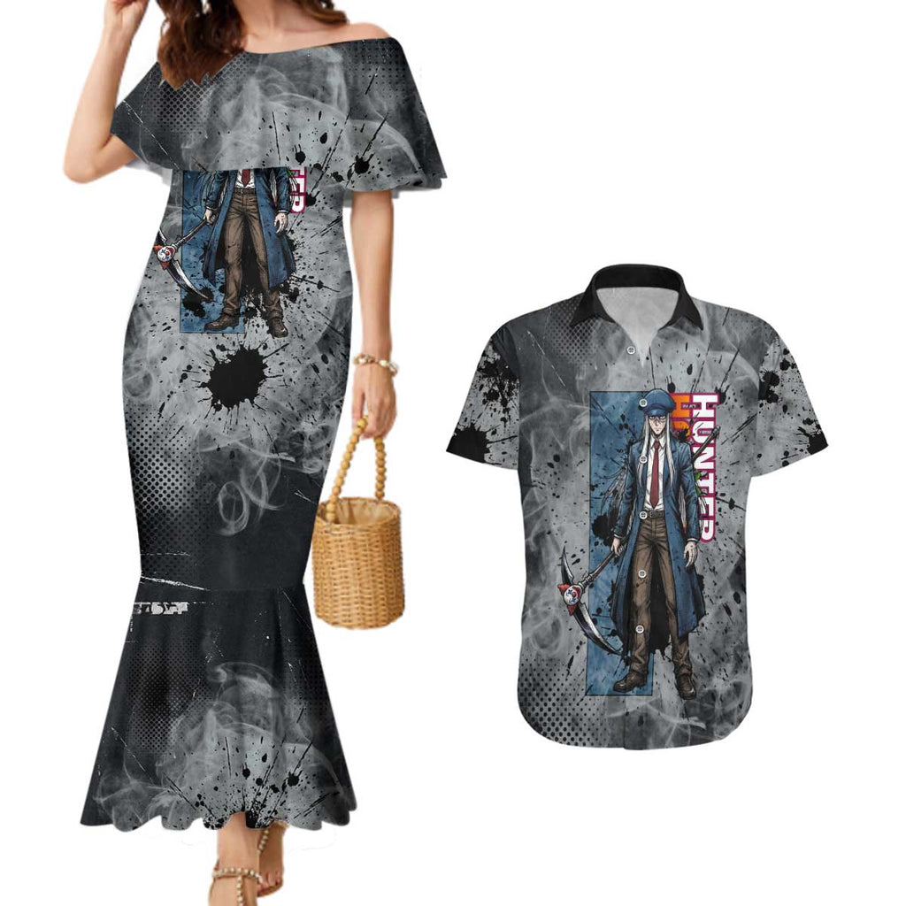 Chrollo Theme Gray Ink Splash Design Couples Matching Mermaid Dress and Hawaiian Shirt with Cross Weapon and Monochrome Aura Artwork - The Mazicc