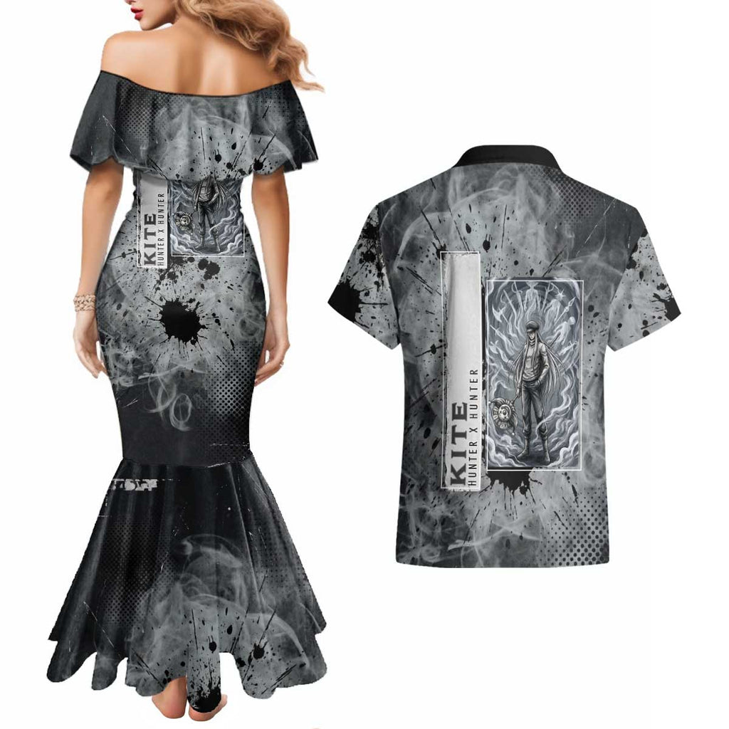 Chrollo Theme Gray Ink Splash Design Couples Matching Mermaid Dress and Hawaiian Shirt with Cross Weapon and Monochrome Aura Artwork - The Mazicc