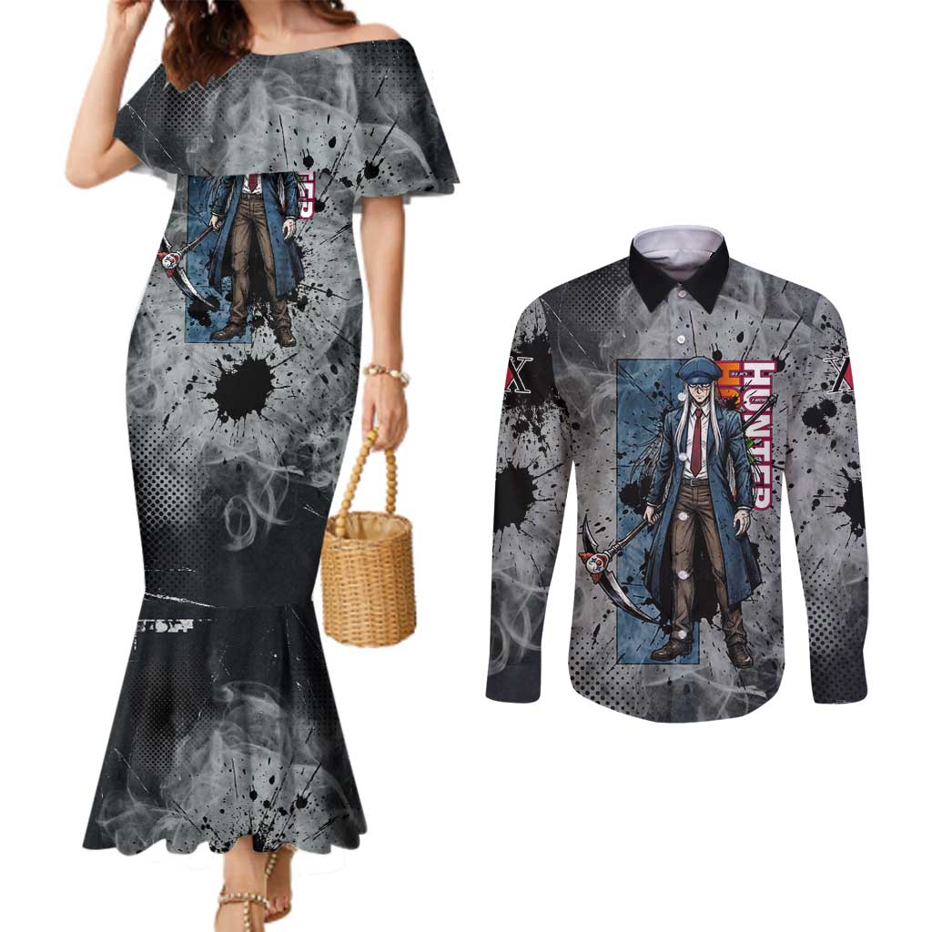 Chrollo Theme Gray Ink Splash Design Couples Matching Mermaid Dress and Long Sleeve Button Shirt with Cross Weapon and Monochrome Aura Artwork - The Mazicc