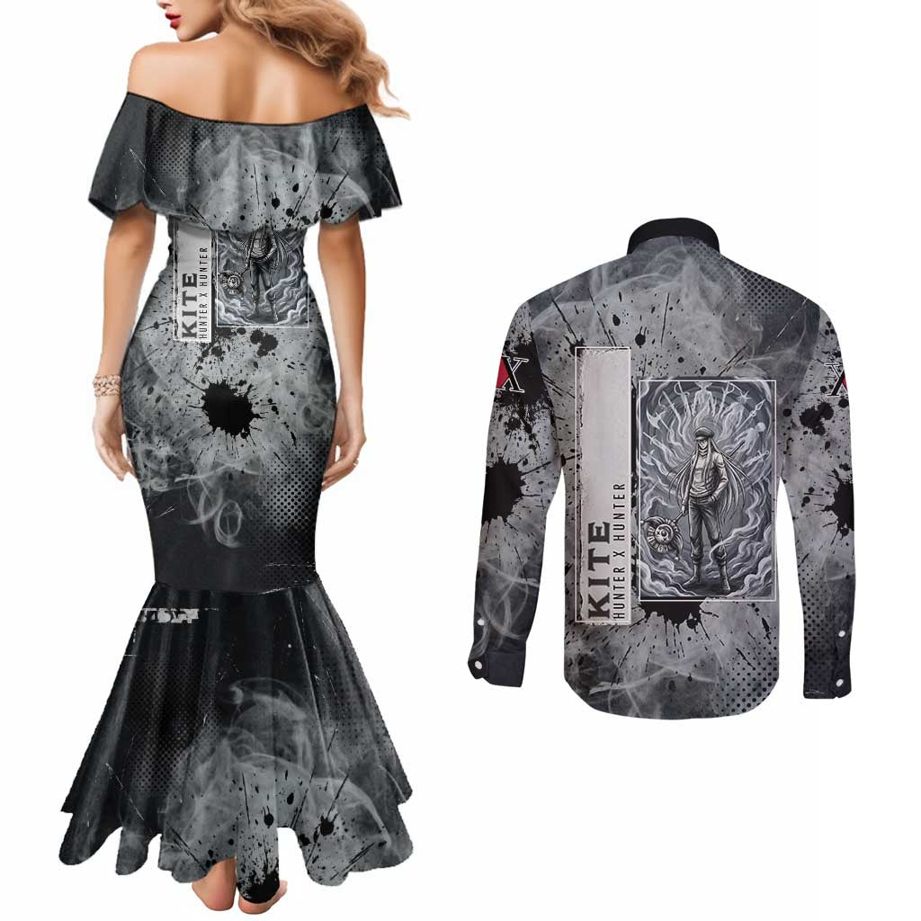 Chrollo Theme Gray Ink Splash Design Couples Matching Mermaid Dress and Long Sleeve Button Shirt with Cross Weapon and Monochrome Aura Artwork - The Mazicc