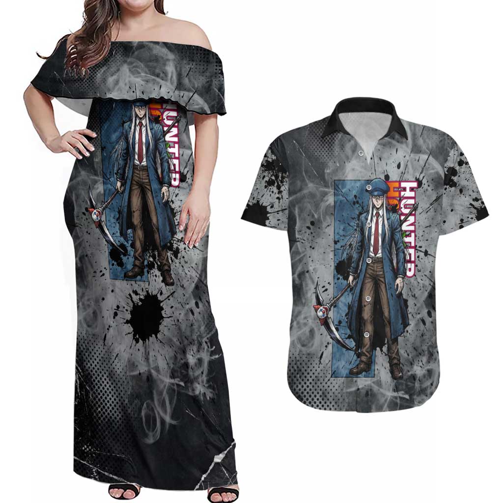 Chrollo Theme Gray Ink Splash Design Couples Matching Off Shoulder Maxi Dress and Hawaiian Shirt with Cross Weapon and Monochrome Aura Artwork - The Mazicc