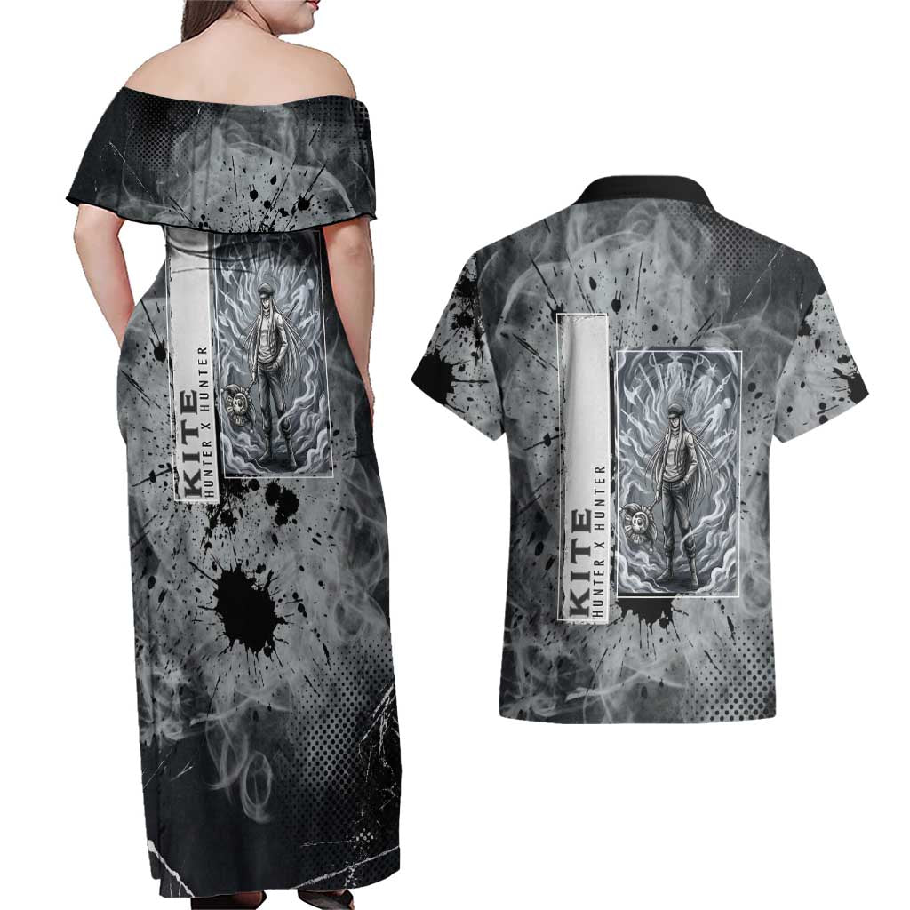 Chrollo Theme Gray Ink Splash Design Couples Matching Off Shoulder Maxi Dress and Hawaiian Shirt with Cross Weapon and Monochrome Aura Artwork - The Mazicc