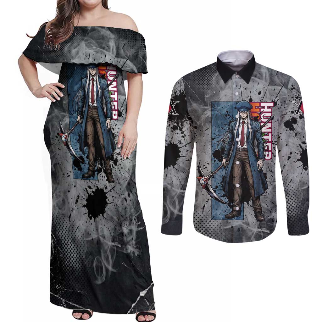 Chrollo Theme Gray Ink Splash Design Couples Matching Off Shoulder Maxi Dress and Long Sleeve Button Shirt with Cross Weapon and Monochrome Aura Artwork - The Mazicc