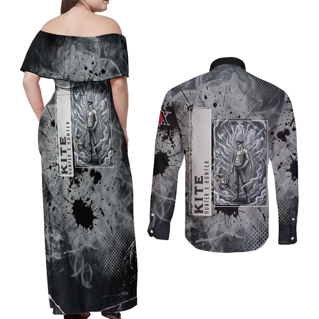 Chrollo Theme Gray Ink Splash Design Couples Matching Off Shoulder Maxi Dress and Long Sleeve Button Shirt with Cross Weapon and Monochrome Aura Artwork - The Mazicc