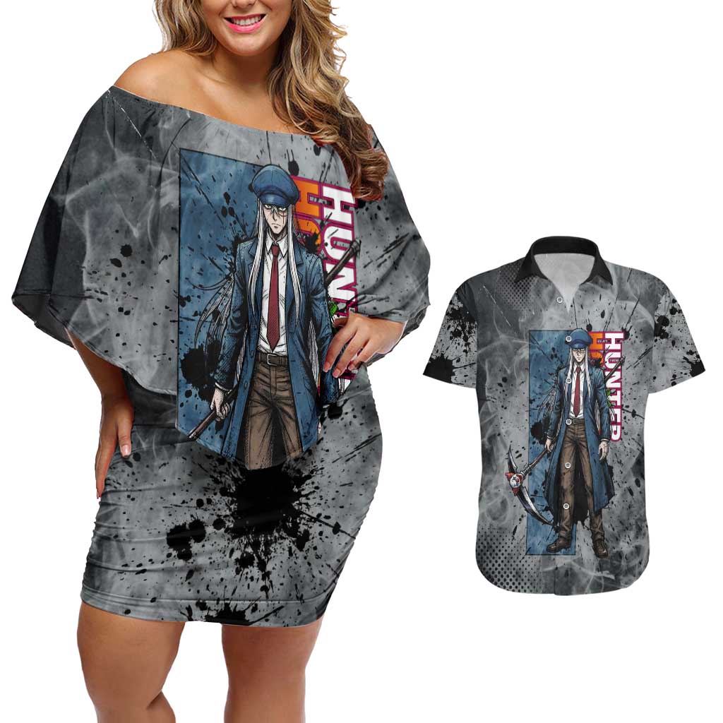 Chrollo Theme Gray Ink Splash Design Couples Matching Off Shoulder Short Dress and Hawaiian Shirt with Cross Weapon and Monochrome Aura Artwork - The Mazicc