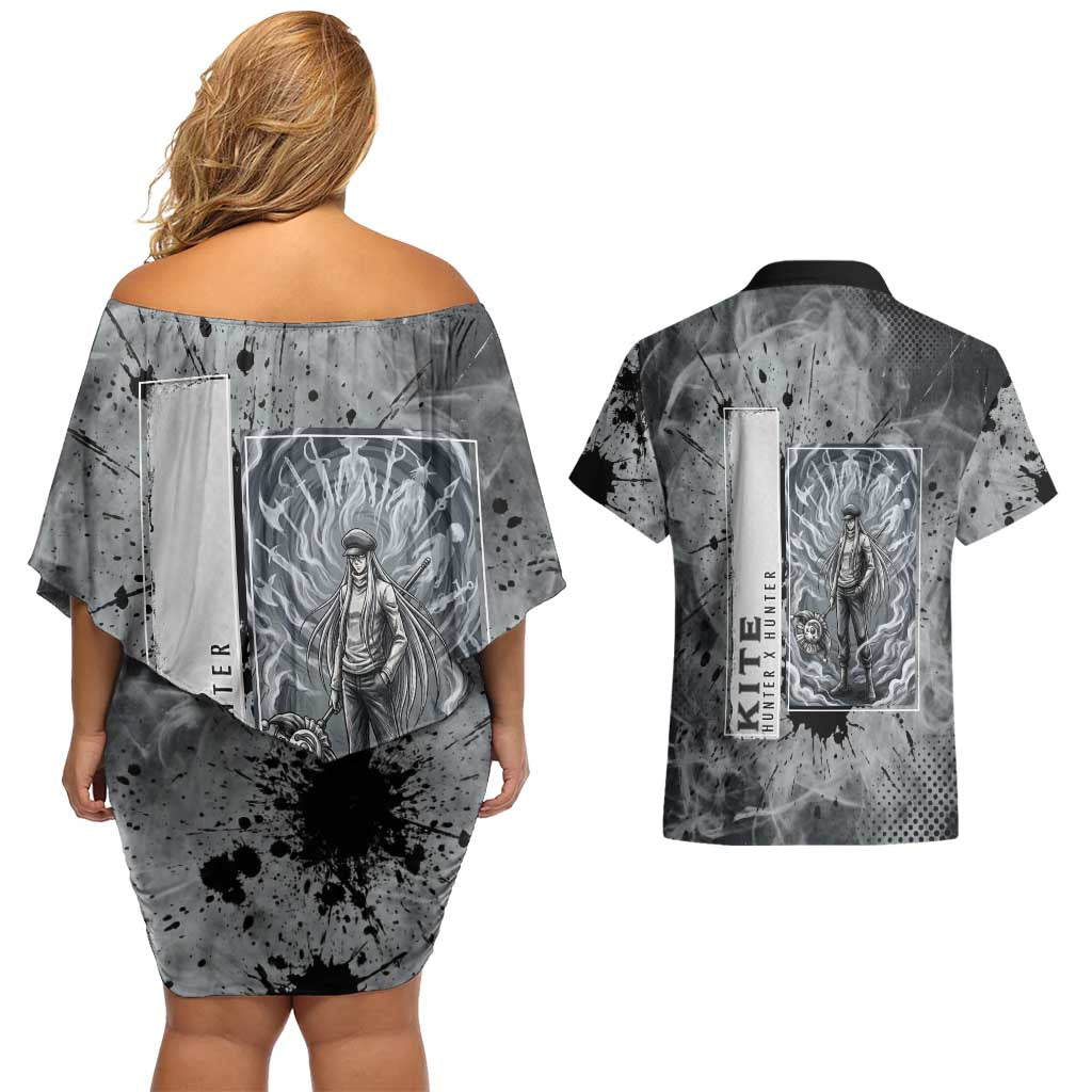 Chrollo Theme Gray Ink Splash Design Couples Matching Off Shoulder Short Dress and Hawaiian Shirt with Cross Weapon and Monochrome Aura Artwork - The Mazicc