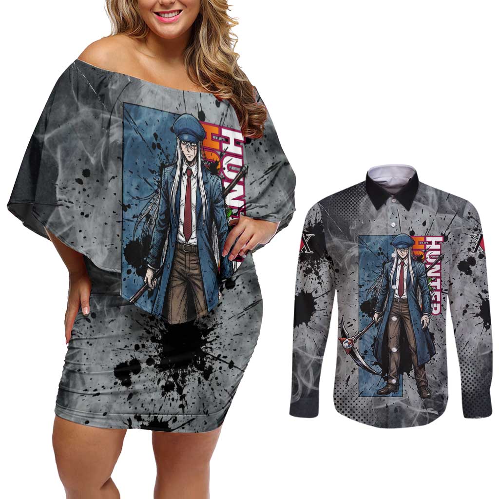 Chrollo Theme Gray Ink Splash Design Couples Matching Off Shoulder Short Dress and Long Sleeve Button Shirt with Cross Weapon and Monochrome Aura Artwork - The Mazicc