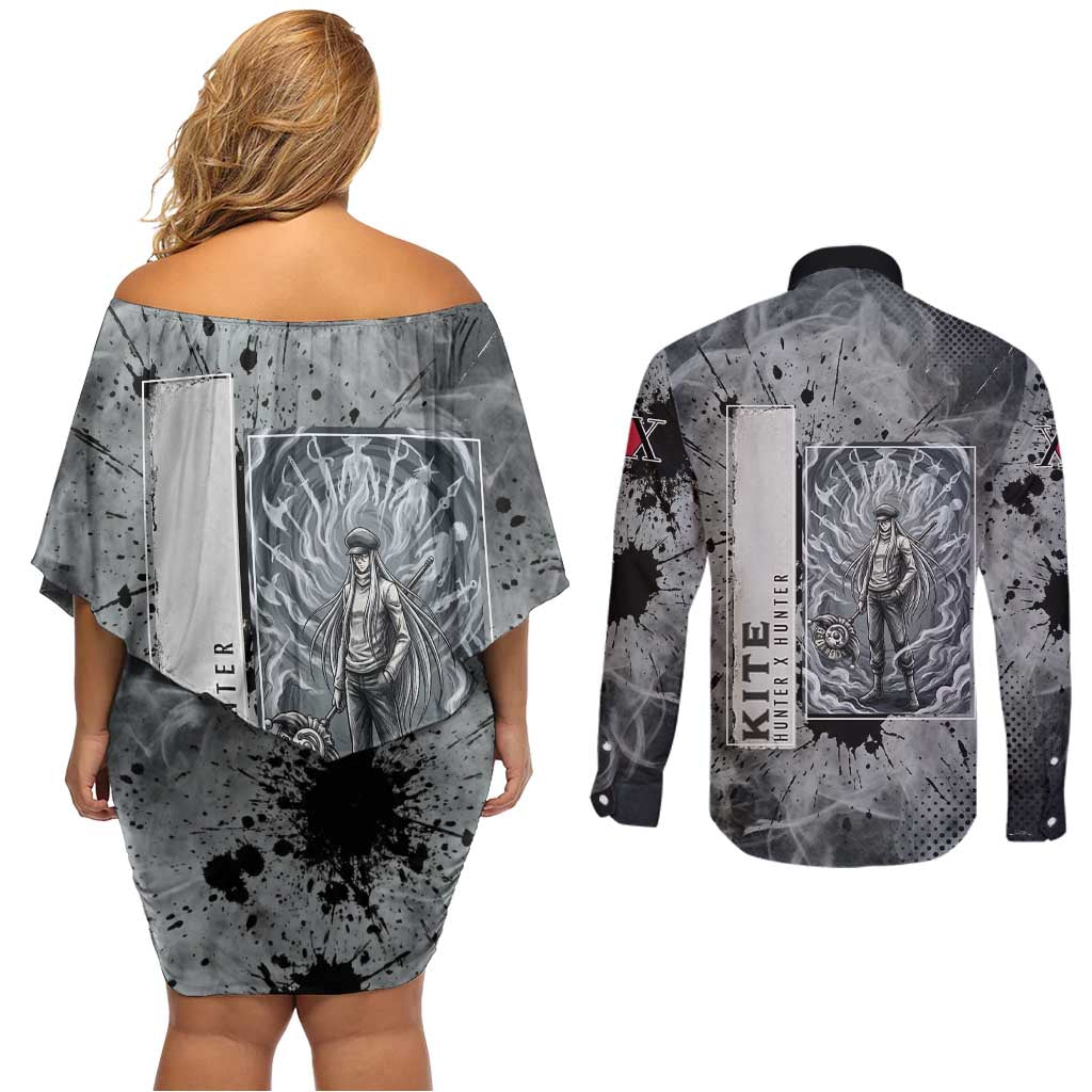 Chrollo Theme Gray Ink Splash Design Couples Matching Off Shoulder Short Dress and Long Sleeve Button Shirt with Cross Weapon and Monochrome Aura Artwork - The Mazicc