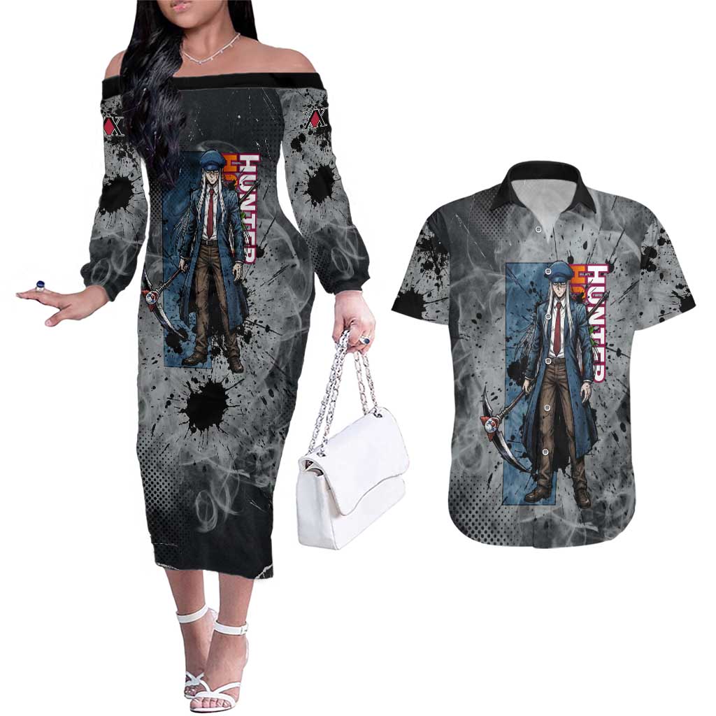 Chrollo Theme Gray Ink Splash Design Couples Matching Off The Shoulder Long Sleeve Dress and Hawaiian Shirt with Cross Weapon and Monochrome Aura Artwork - The Mazicc