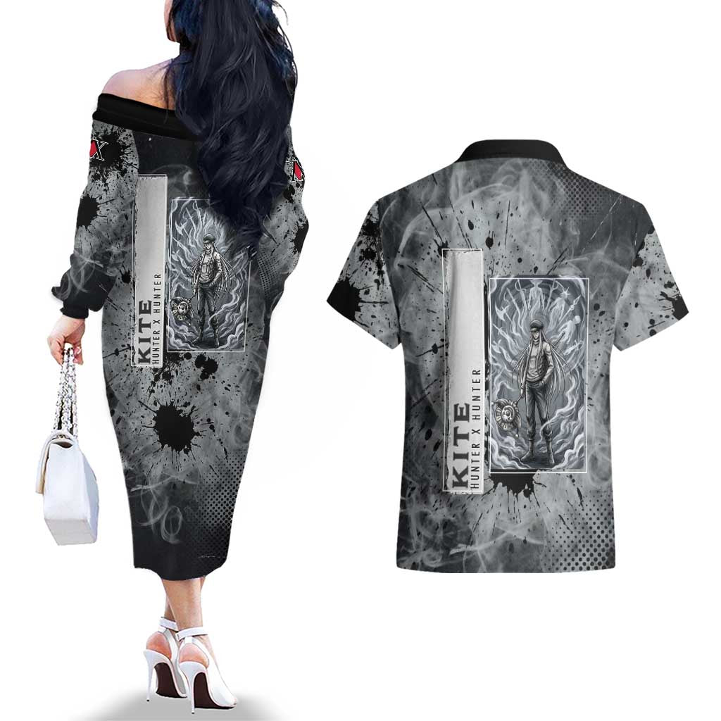 Chrollo Theme Gray Ink Splash Design Couples Matching Off The Shoulder Long Sleeve Dress and Hawaiian Shirt with Cross Weapon and Monochrome Aura Artwork - The Mazicc