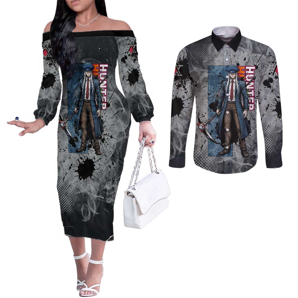 Chrollo Theme Gray Ink Splash Design Couples Matching Off The Shoulder Long Sleeve Dress and Long Sleeve Button Shirt with Cross Weapon and Monochrome Aura Artwork - The Mazicc
