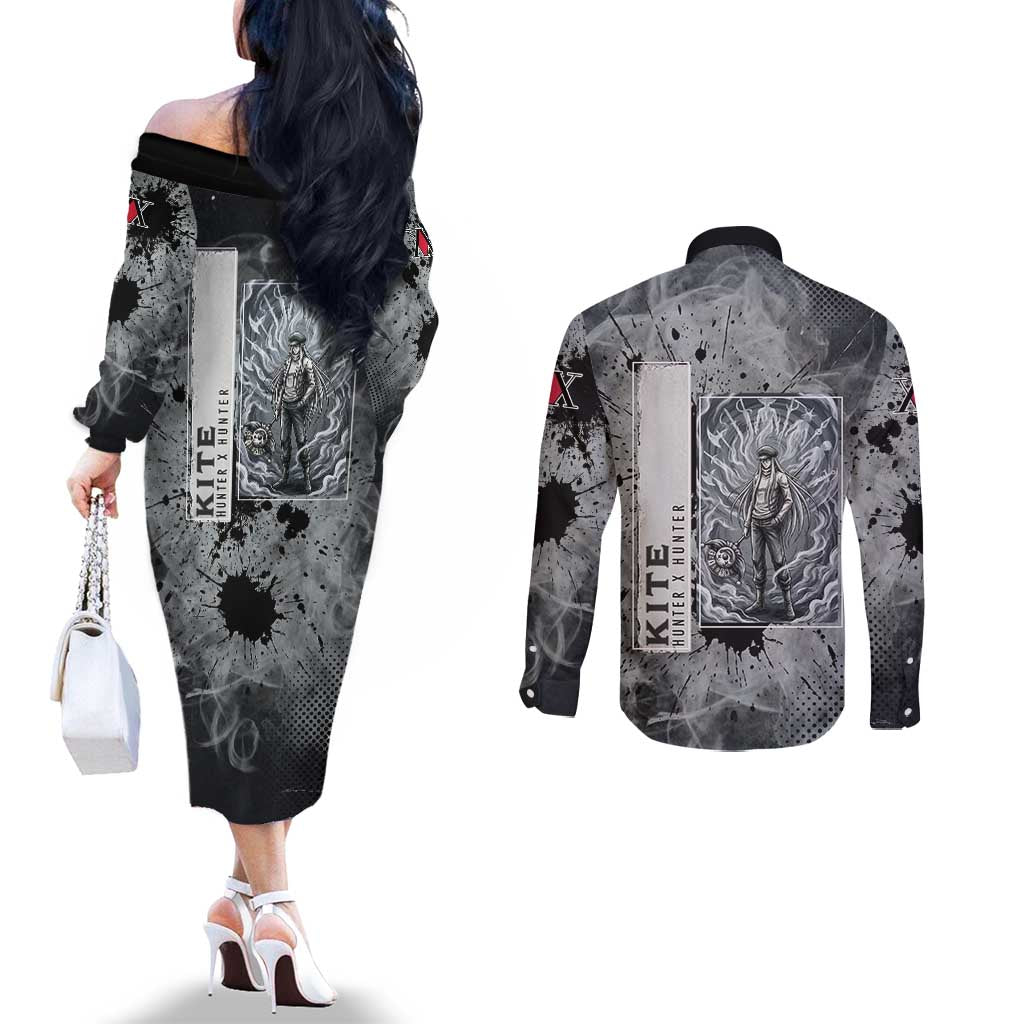 Chrollo Theme Gray Ink Splash Design Couples Matching Off The Shoulder Long Sleeve Dress and Long Sleeve Button Shirt with Cross Weapon and Monochrome Aura Artwork - The Mazicc