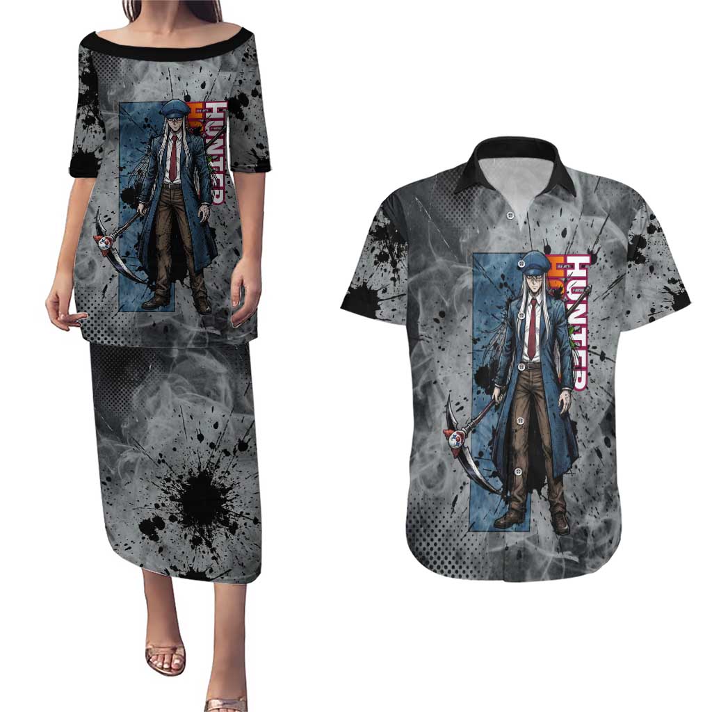 Chrollo Theme Gray Ink Splash Design Couples Matching Puletasi and Hawaiian Shirt with Cross Weapon and Monochrome Aura Artwork - The Mazicc