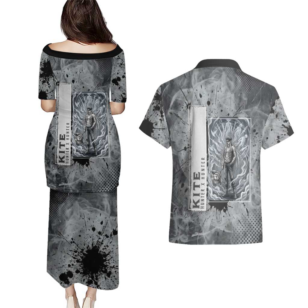 Chrollo Theme Gray Ink Splash Design Couples Matching Puletasi and Hawaiian Shirt with Cross Weapon and Monochrome Aura Artwork - The Mazicc