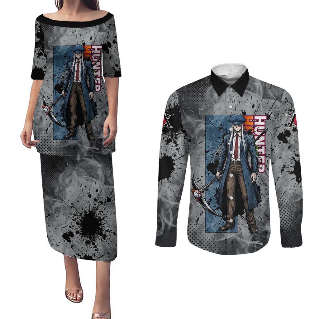 Chrollo Theme Gray Ink Splash Design Couples Matching Puletasi and Long Sleeve Button Shirt with Cross Weapon and Monochrome Aura Artwork - The Mazicc