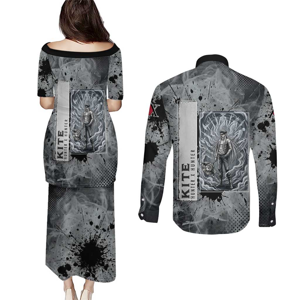 Chrollo Theme Gray Ink Splash Design Couples Matching Puletasi and Long Sleeve Button Shirt with Cross Weapon and Monochrome Aura Artwork - The Mazicc