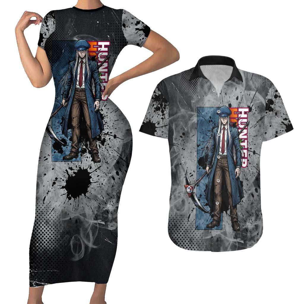 Chrollo Theme Gray Ink Splash Design Couples Matching Short Sleeve Bodycon Dress and Hawaiian Shirt with Cross Weapon and Monochrome Aura Artwork - The Mazicc