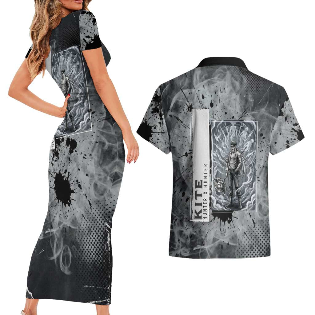Chrollo Theme Gray Ink Splash Design Couples Matching Short Sleeve Bodycon Dress and Hawaiian Shirt with Cross Weapon and Monochrome Aura Artwork - The Mazicc