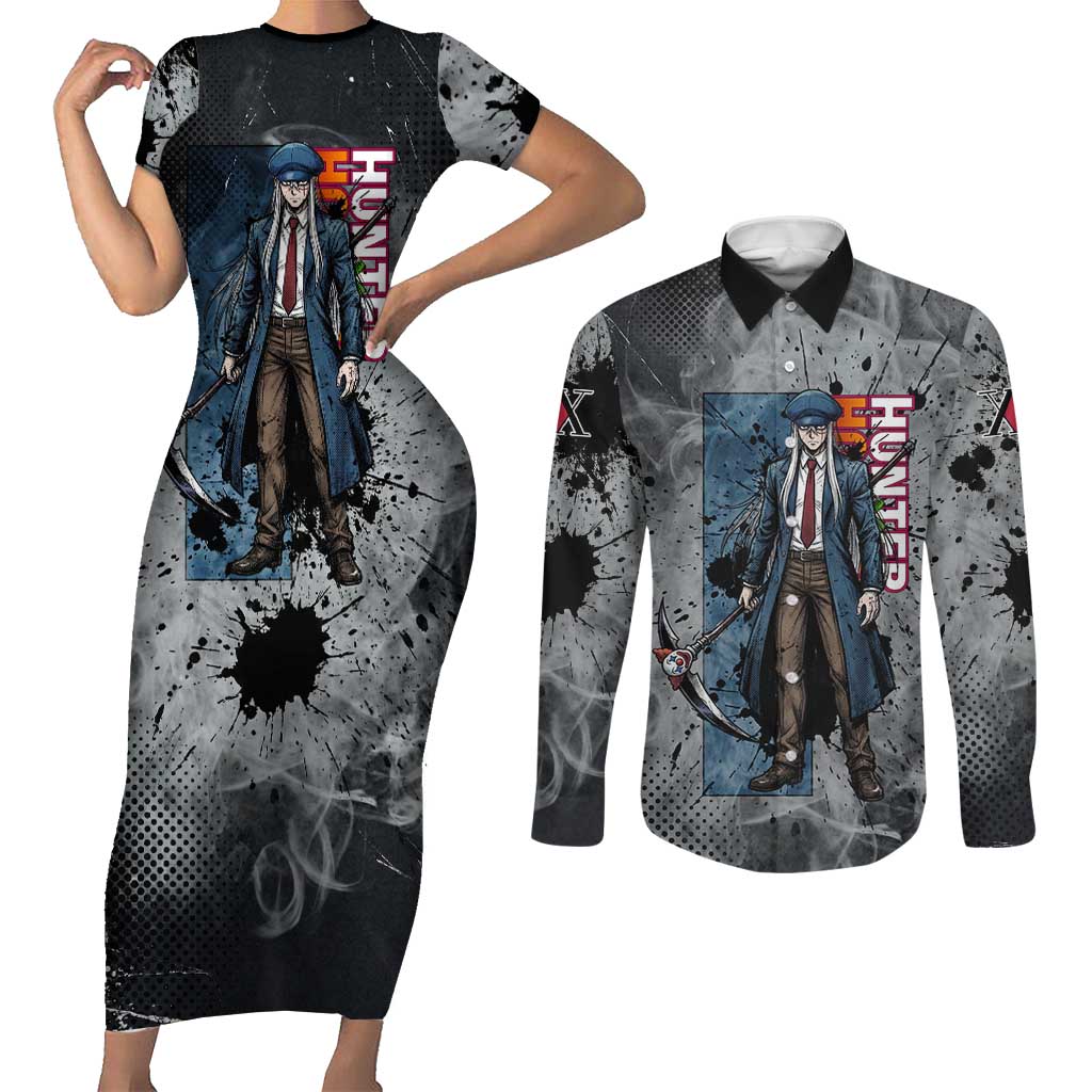 Chrollo Theme Gray Ink Splash Design Couples Matching Short Sleeve Bodycon Dress and Long Sleeve Button Shirt with Cross Weapon and Monochrome Aura Artwork - The Mazicc