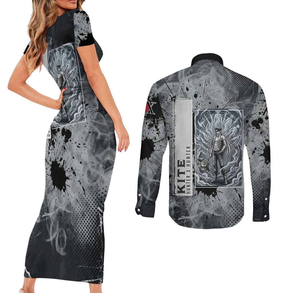 Chrollo Theme Gray Ink Splash Design Couples Matching Short Sleeve Bodycon Dress and Long Sleeve Button Shirt with Cross Weapon and Monochrome Aura Artwork - The Mazicc