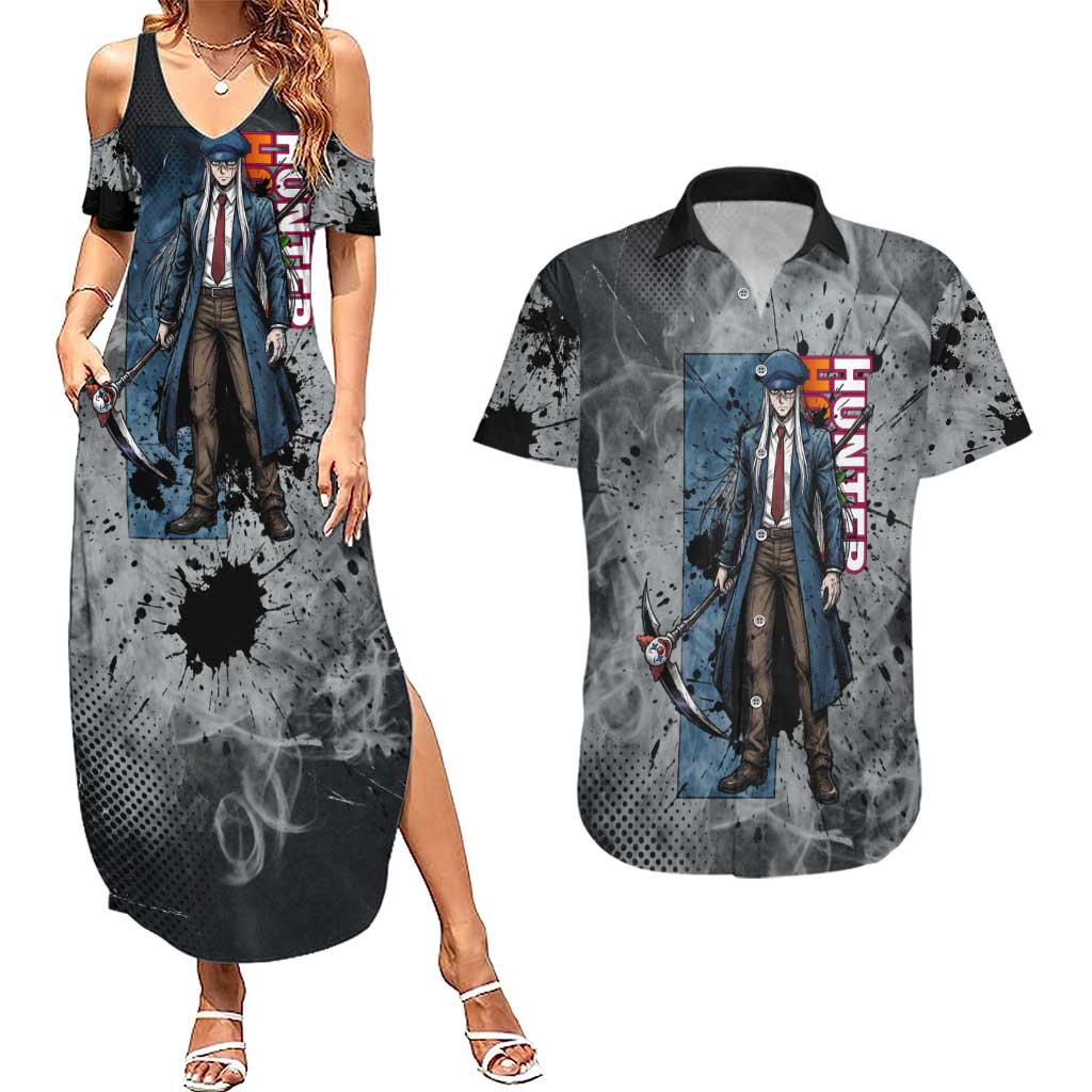 Chrollo Theme Gray Ink Splash Design Couples Matching Summer Maxi Dress and Hawaiian Shirt with Cross Weapon and Monochrome Aura Artwork - The Mazicc
