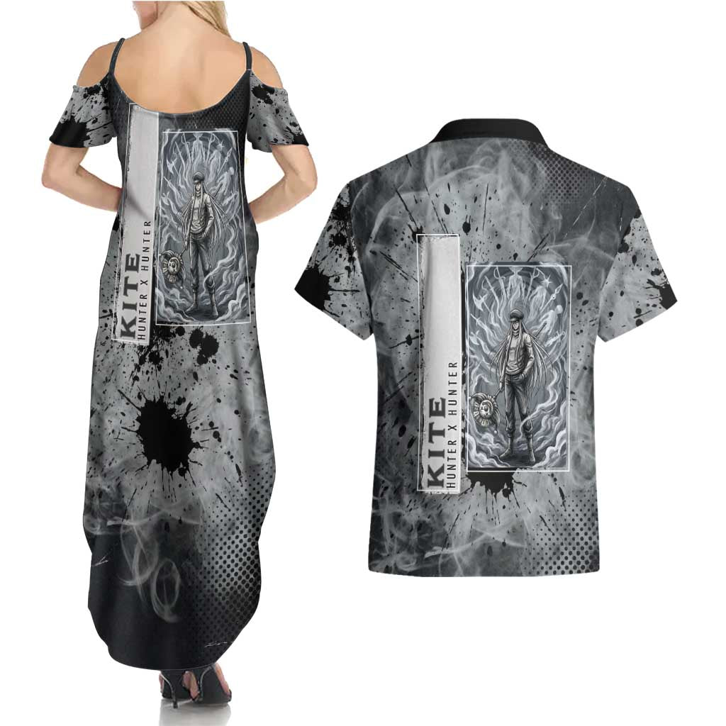 Chrollo Theme Gray Ink Splash Design Couples Matching Summer Maxi Dress and Hawaiian Shirt with Cross Weapon and Monochrome Aura Artwork - The Mazicc