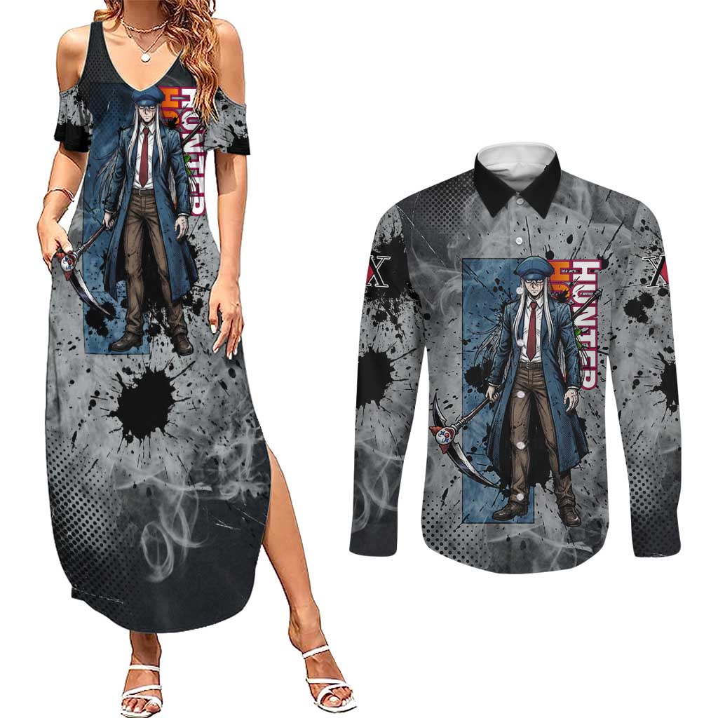 Chrollo Theme Gray Ink Splash Design Couples Matching Summer Maxi Dress and Long Sleeve Button Shirt with Cross Weapon and Monochrome Aura Artwork - The Mazicc