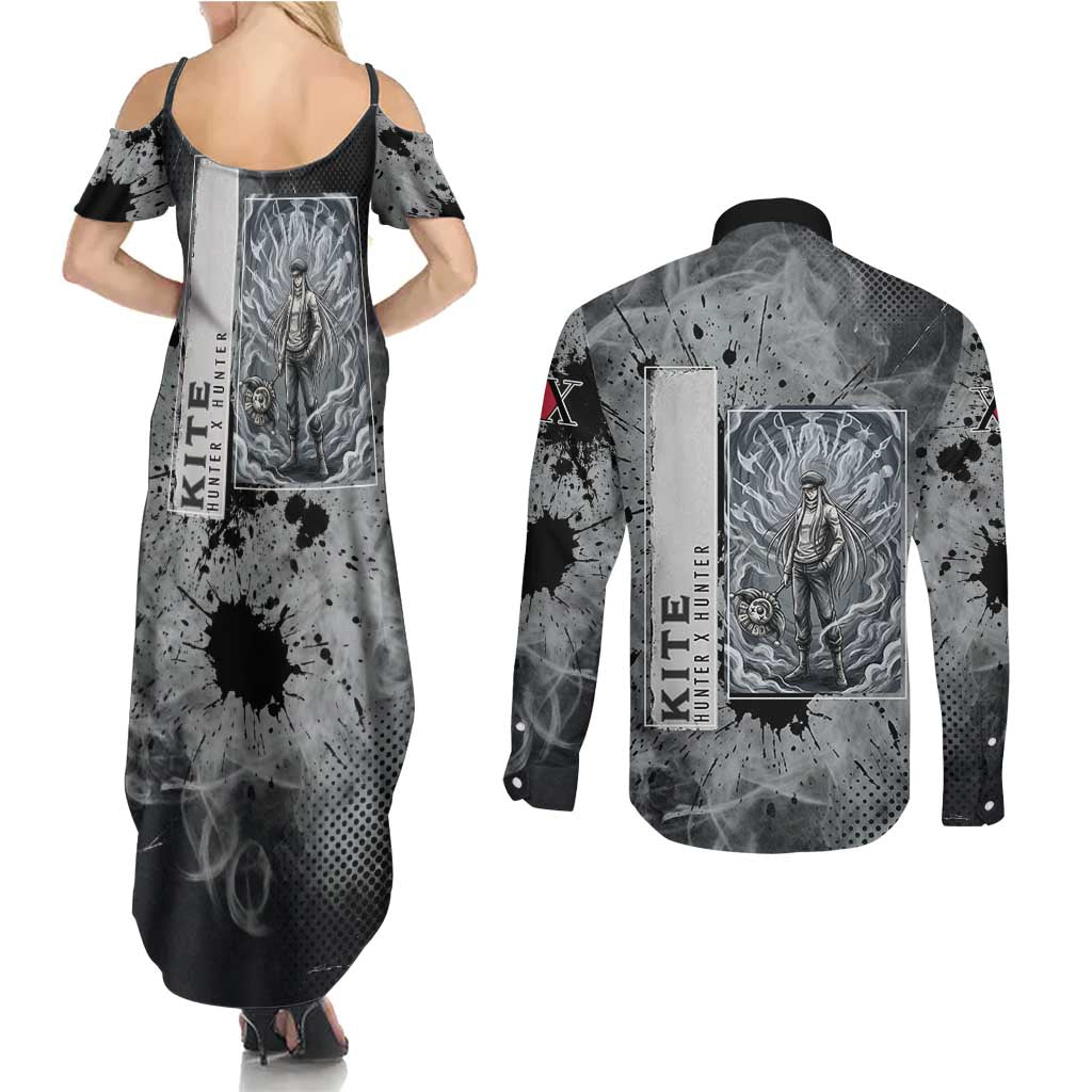 Chrollo Theme Gray Ink Splash Design Couples Matching Summer Maxi Dress and Long Sleeve Button Shirt with Cross Weapon and Monochrome Aura Artwork - The Mazicc