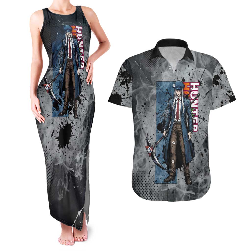 Chrollo Theme Gray Ink Splash Design Couples Matching Tank Maxi Dress and Hawaiian Shirt with Cross Weapon and Monochrome Aura Artwork - The Mazicc