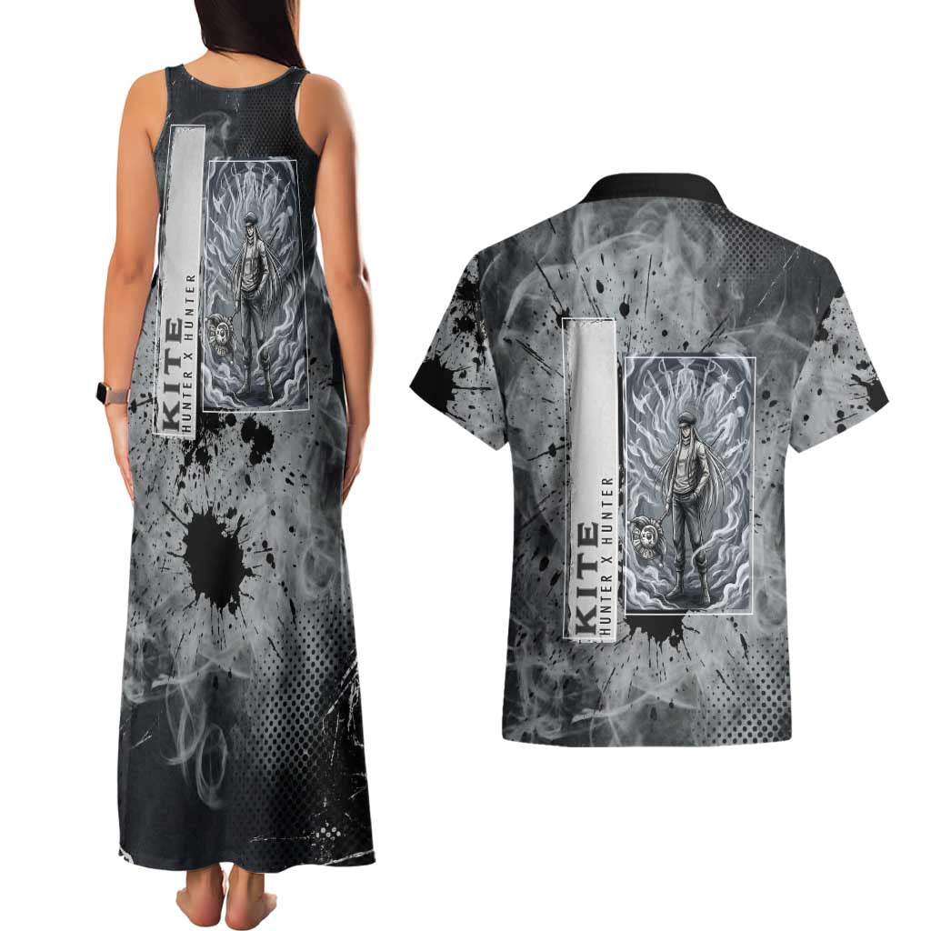 Chrollo Theme Gray Ink Splash Design Couples Matching Tank Maxi Dress and Hawaiian Shirt with Cross Weapon and Monochrome Aura Artwork - The Mazicc