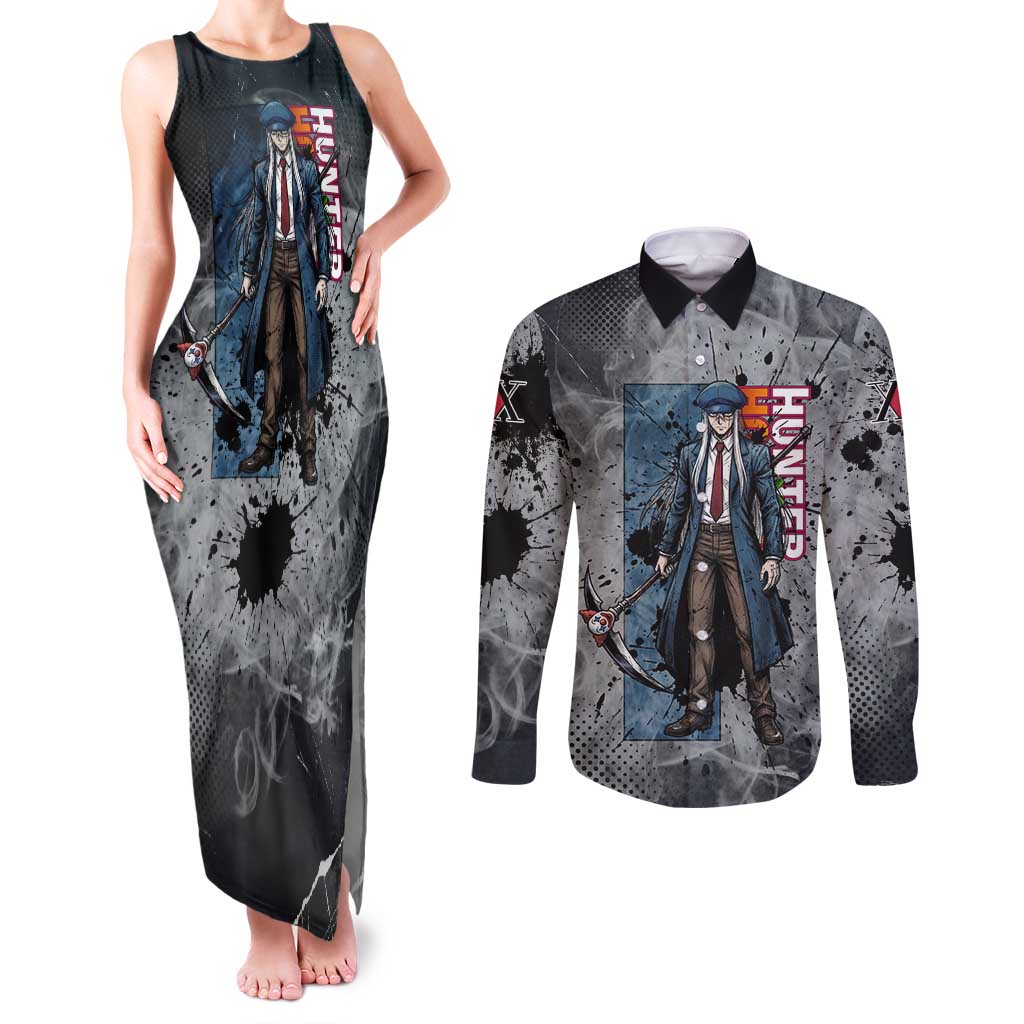 Chrollo Theme Gray Ink Splash Design Couples Matching Tank Maxi Dress and Long Sleeve Button Shirt with Cross Weapon and Monochrome Aura Artwork - The Mazicc