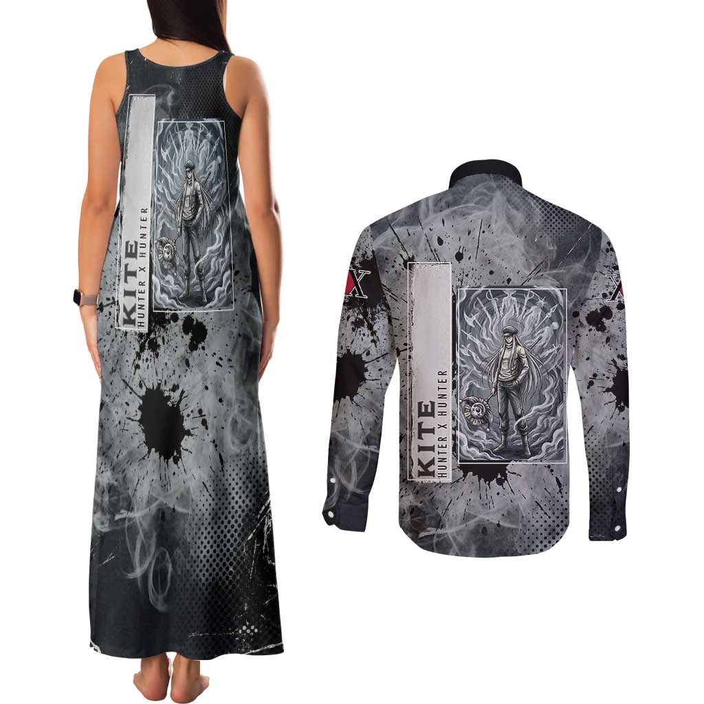 Chrollo Theme Gray Ink Splash Design Couples Matching Tank Maxi Dress and Long Sleeve Button Shirt with Cross Weapon and Monochrome Aura Artwork - The Mazicc