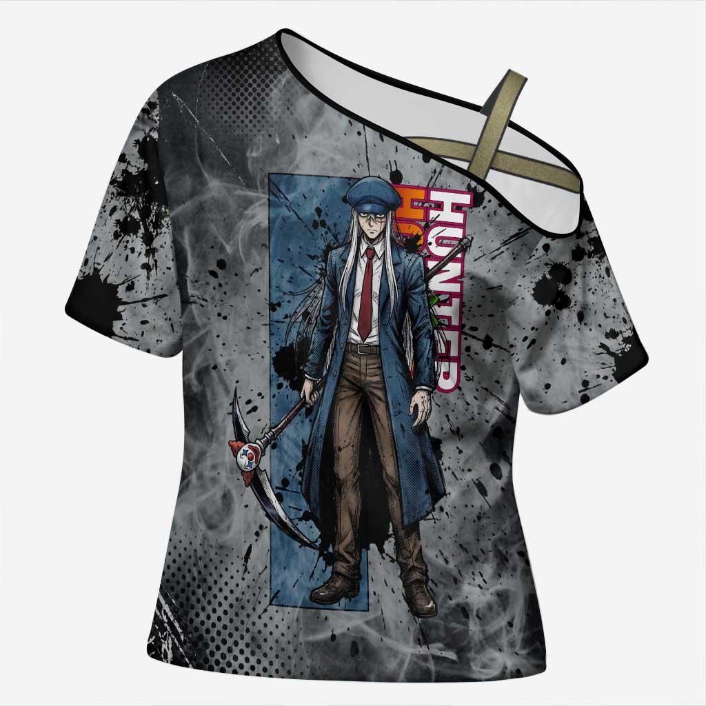Chrollo Theme Gray Ink Splash Design Cross Shoulder Shirt with Cross Weapon and Monochrome Aura Artwork - The Mazicc
