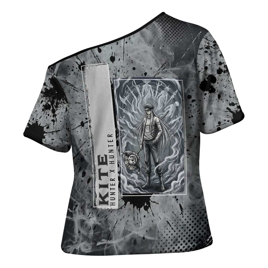 Chrollo Theme Gray Ink Splash Design Cross Shoulder Shirt with Cross Weapon and Monochrome Aura Artwork - The Mazicc