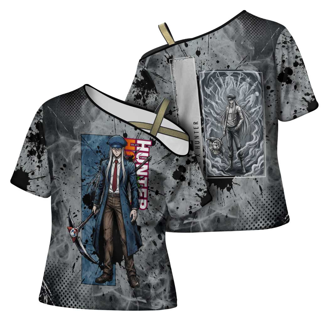 Chrollo Theme Gray Ink Splash Design Cross Shoulder Shirt with Cross Weapon and Monochrome Aura Artwork - The Mazicc
