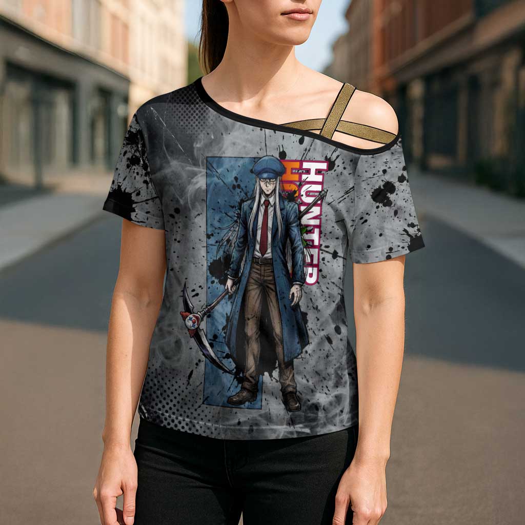 Chrollo Theme Gray Ink Splash Design Cross Shoulder Shirt with Cross Weapon and Monochrome Aura Artwork - The Mazicc