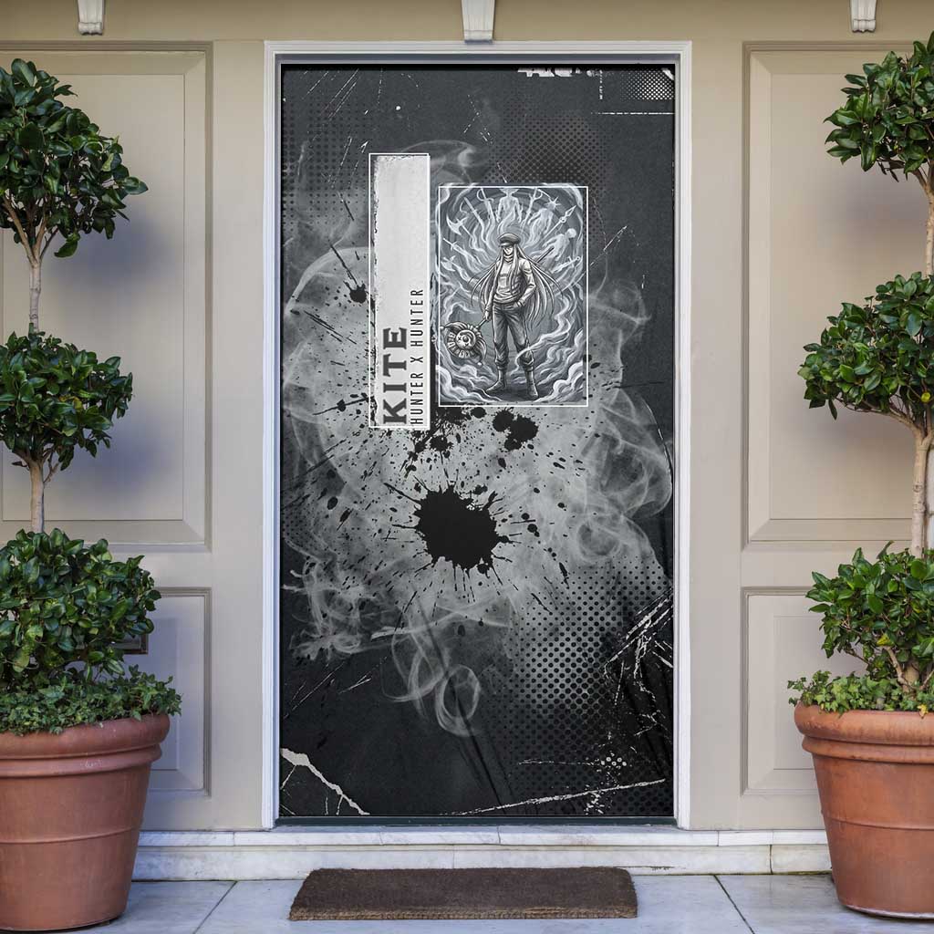 Chrollo Theme Gray Ink Splash Design Door Cover with Cross Weapon and Monochrome Aura Artwork - The Mazicc