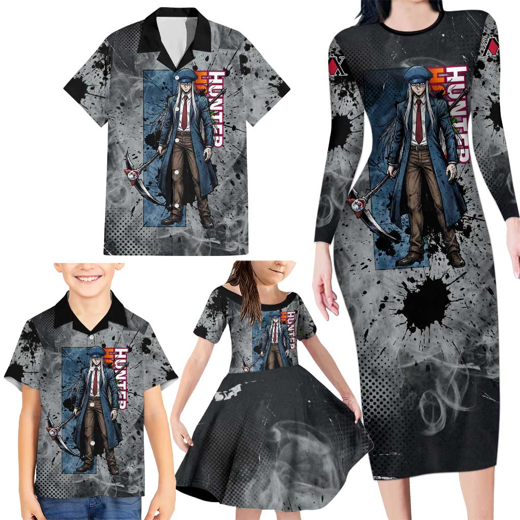 Chrollo Theme Gray Ink Splash Design Family Matching Long Sleeve Bodycon Dress and Hawaiian Shirt with Cross Weapon and Monochrome Aura Artwork