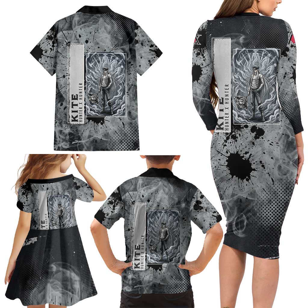 Chrollo Theme Gray Ink Splash Design Family Matching Long Sleeve Bodycon Dress and Hawaiian Shirt with Cross Weapon and Monochrome Aura Artwork