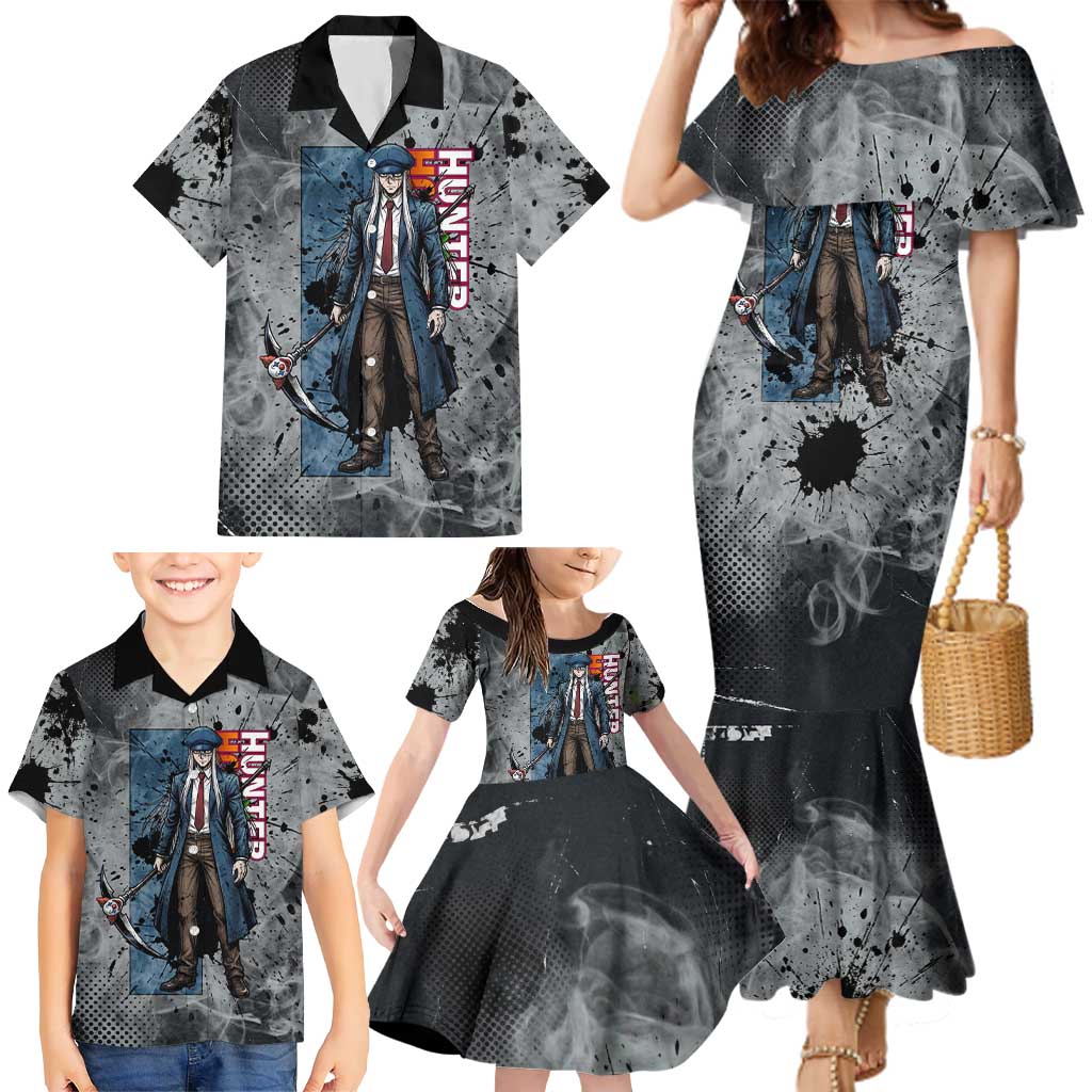 Chrollo Theme Gray Ink Splash Design Family Matching Mermaid Dress and Hawaiian Shirt with Cross Weapon and Monochrome Aura Artwork