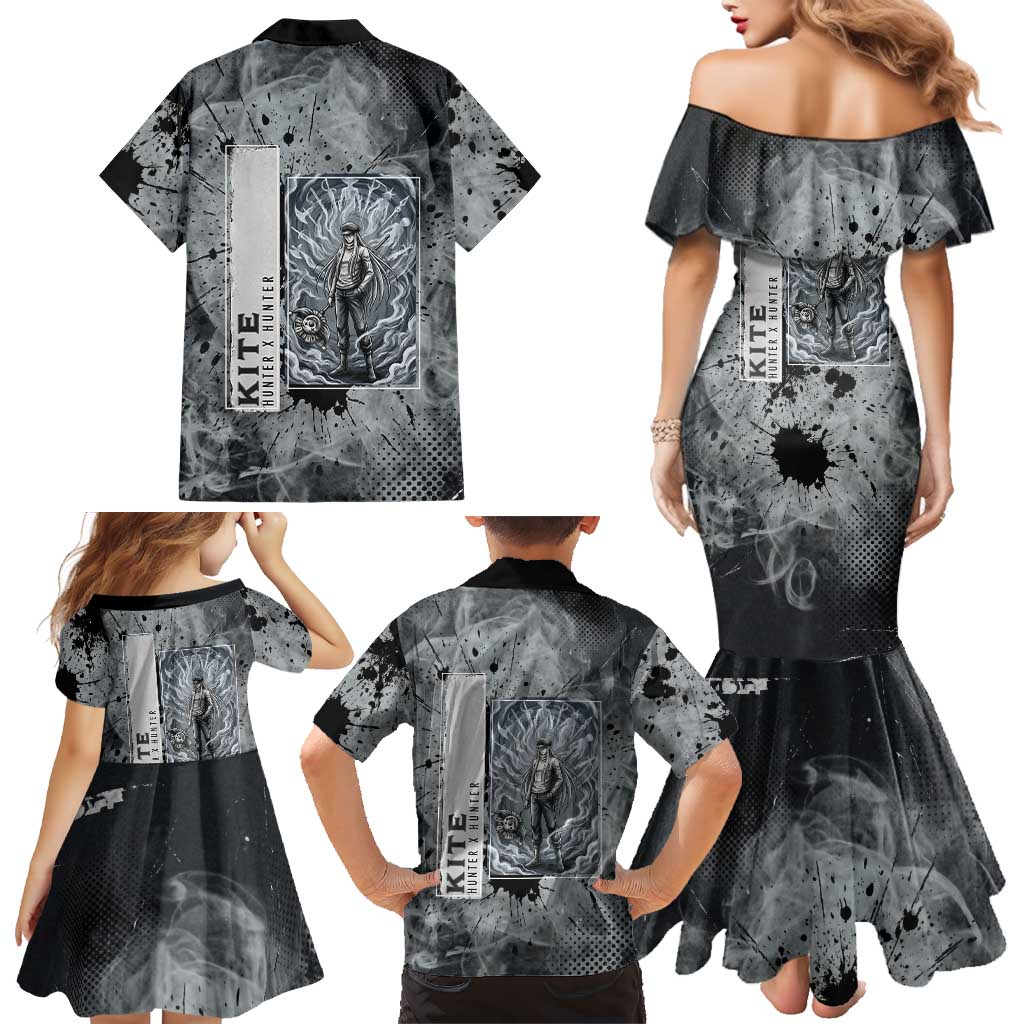 Chrollo Theme Gray Ink Splash Design Family Matching Mermaid Dress and Hawaiian Shirt with Cross Weapon and Monochrome Aura Artwork