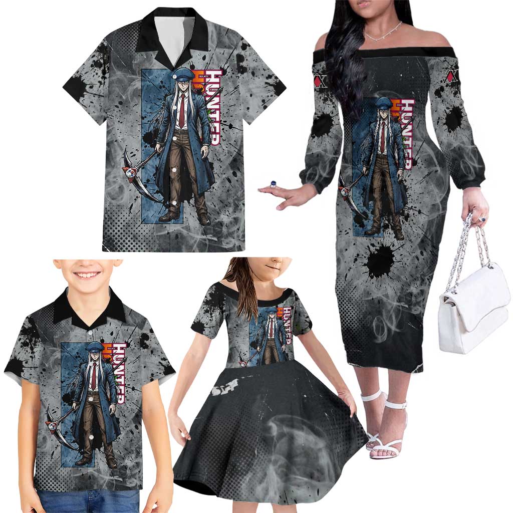 Chrollo Theme Gray Ink Splash Design Family Matching Off The Shoulder Long Sleeve Dress and Hawaiian Shirt with Cross Weapon and Monochrome Aura Artwork