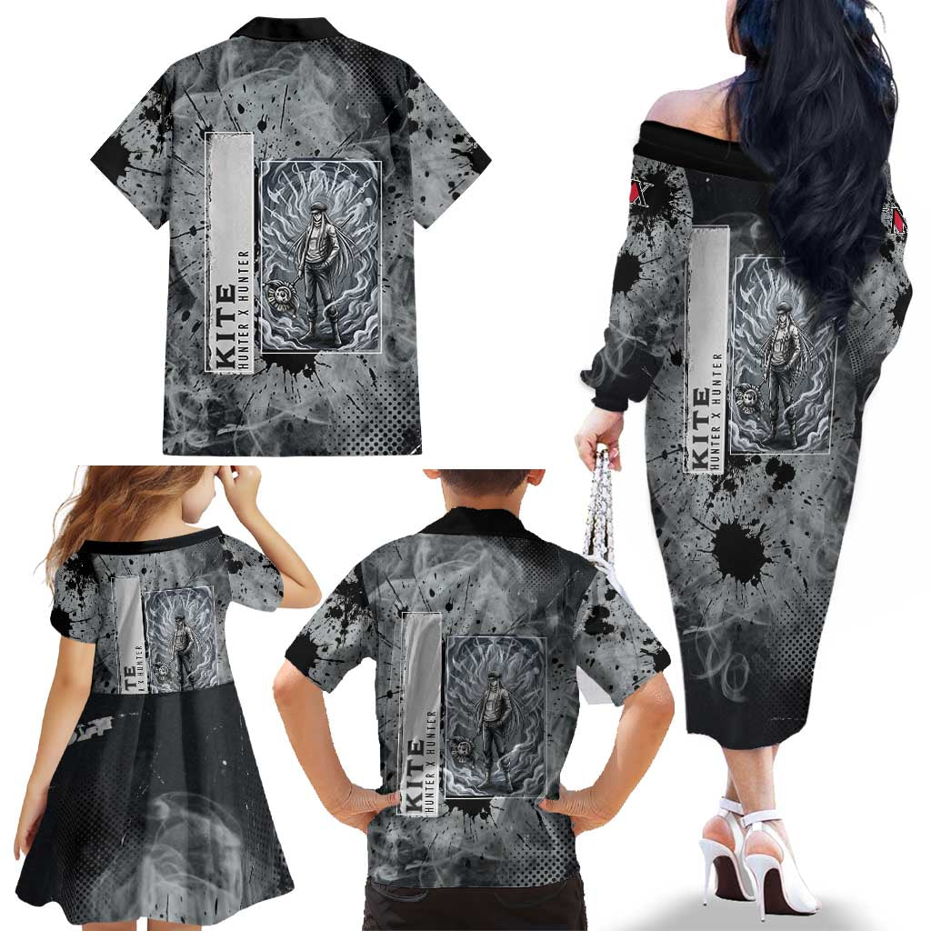 Chrollo Theme Gray Ink Splash Design Family Matching Off The Shoulder Long Sleeve Dress and Hawaiian Shirt with Cross Weapon and Monochrome Aura Artwork