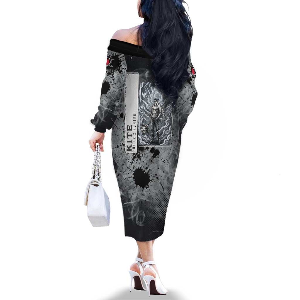 Chrollo Theme Gray Ink Splash Design Family Matching Off The Shoulder Long Sleeve Dress and Hawaiian Shirt with Cross Weapon and Monochrome Aura Artwork
